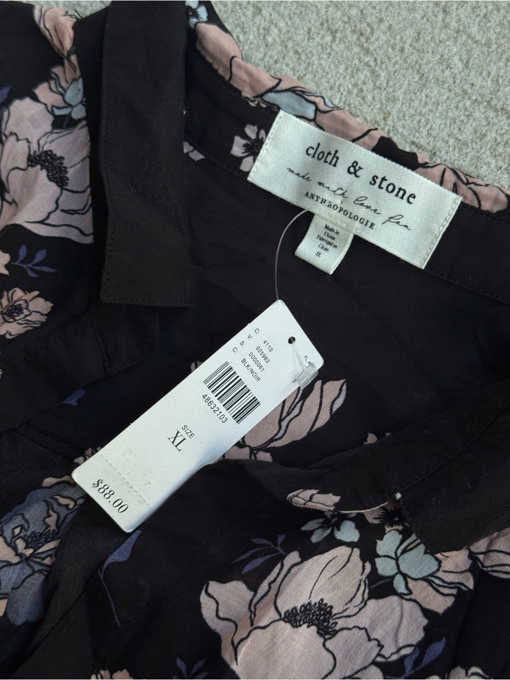 NWT cloth & stone Black Floral Button-Front Blouse XL - Picture 5 of 10